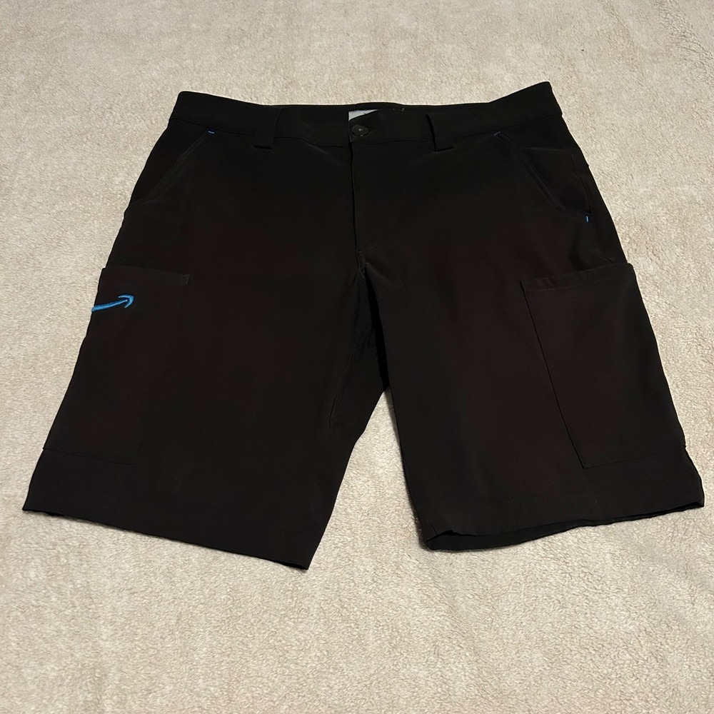 Amazon Luly Yang Cargo Shorts Mens M 10" Black Blue Smile Logo Workwear